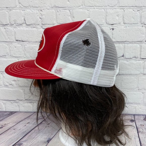 Vintage Farmer Hat Mesh Rope Cap Red White BROMOX Herbicide - DEFECT HOLE Item#2 - Picture 2 of 9